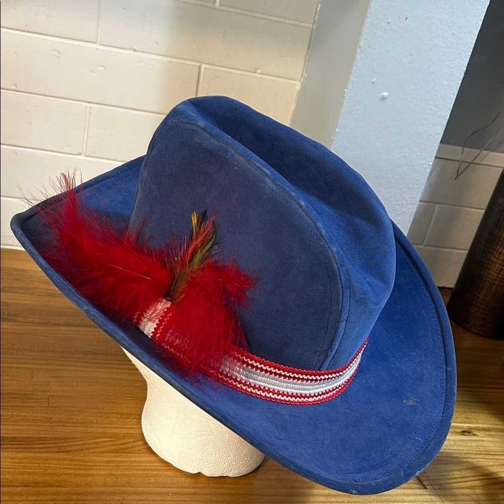 Vtg 80s AJD Suede Cowboy Hat Colors Of Texas Oilers Blue, White,Red Feather Sz L